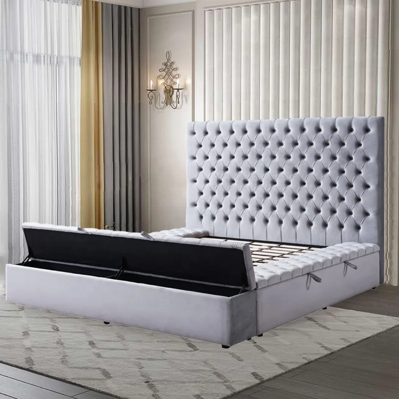 Dingzhi High Quality Bedroom Furniture Luxury High Headboard Blue King Fabric Camas Latest Modern Double Bed