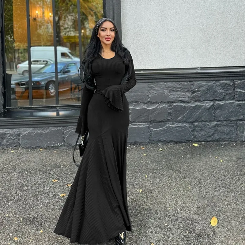 2024 Autumn and winter new round neck waist cinched trumpet dress temperament fish tail solid color long skirt