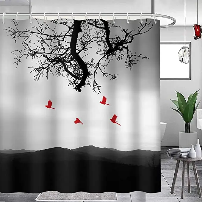 2023 New curved branch Mist Mountain Redbird landscape waterproof bathroom curtains