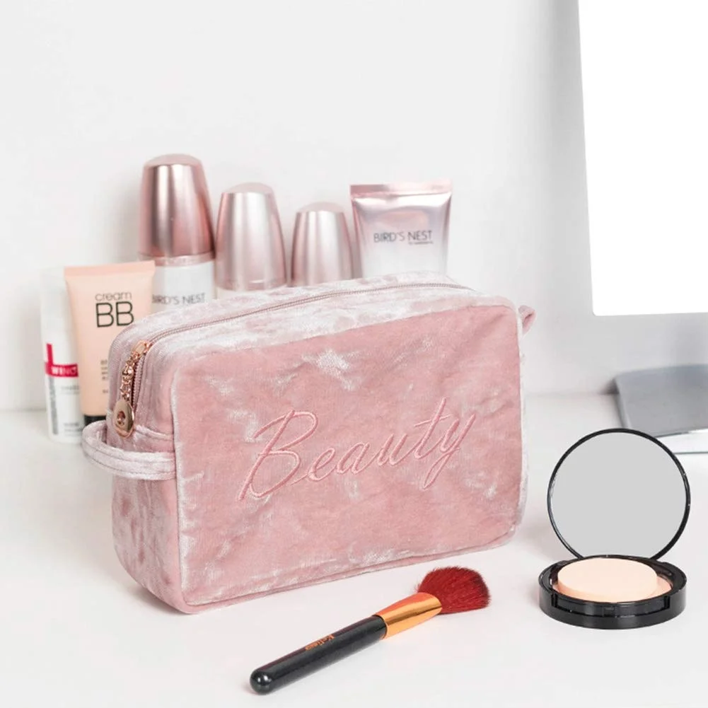 MICANI new arrivals custom logo square velvet makeup bag brush packaging beautiful pink cosmetic organiser with embroider logo