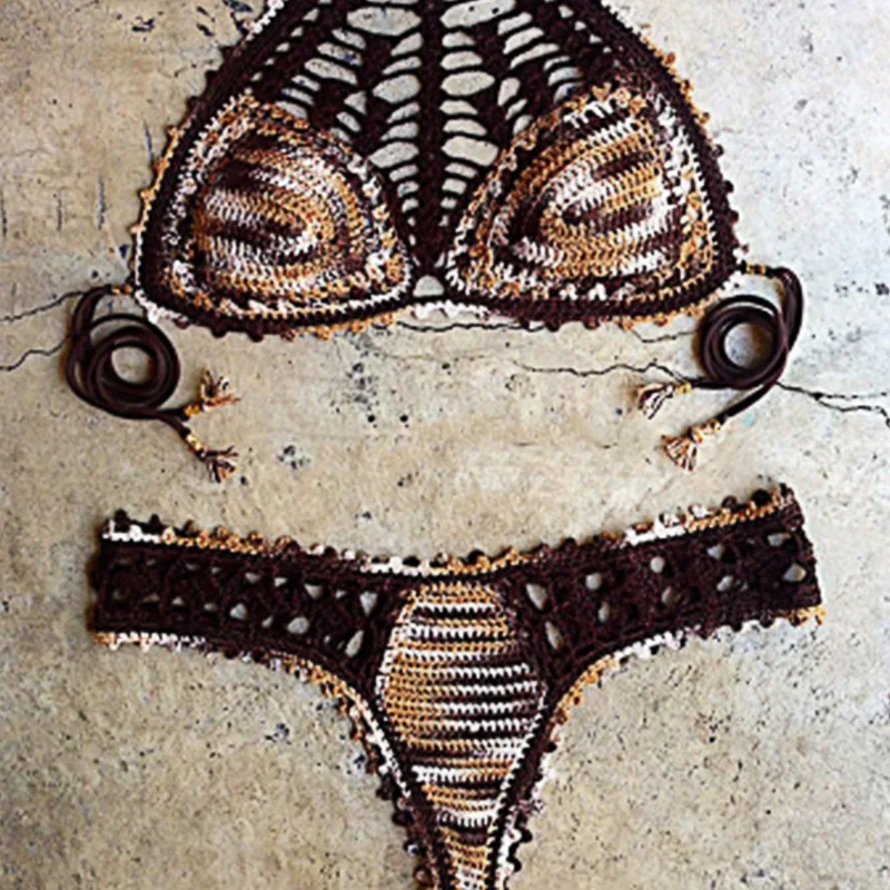 Suppliers Custom Logo Beach Swimsuit Crochet Bikini Brown 2 Piece Set Cover Ups For Women