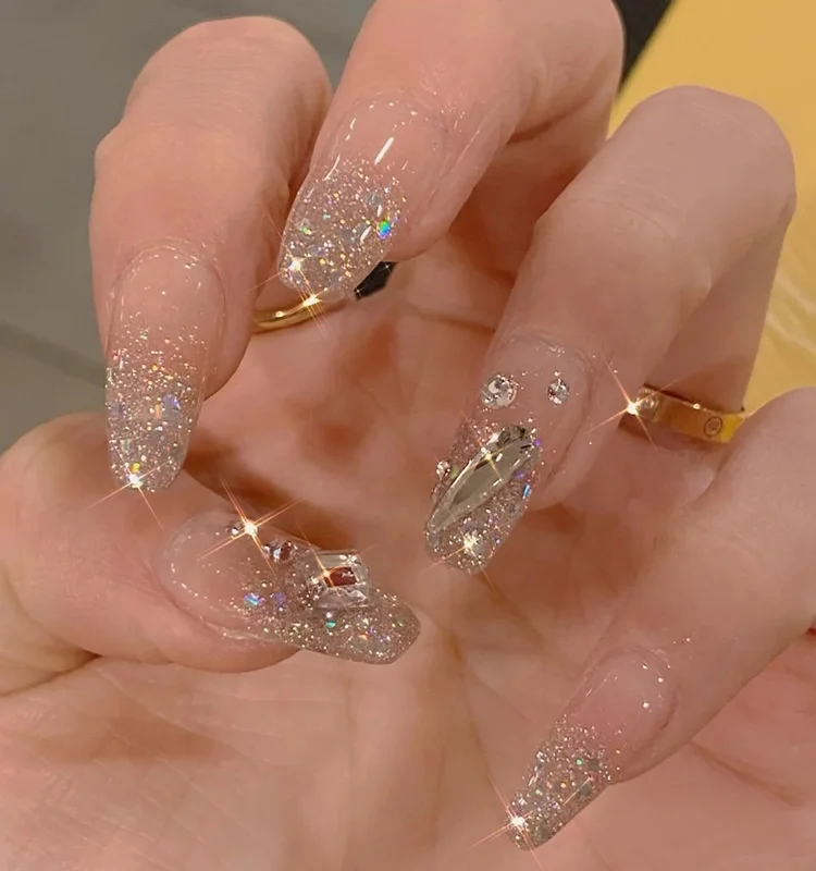 2022 Removable Multi Pure Color Reusable ABS Coffin Press On Nail Glitter Artificial Finger Press On Nails