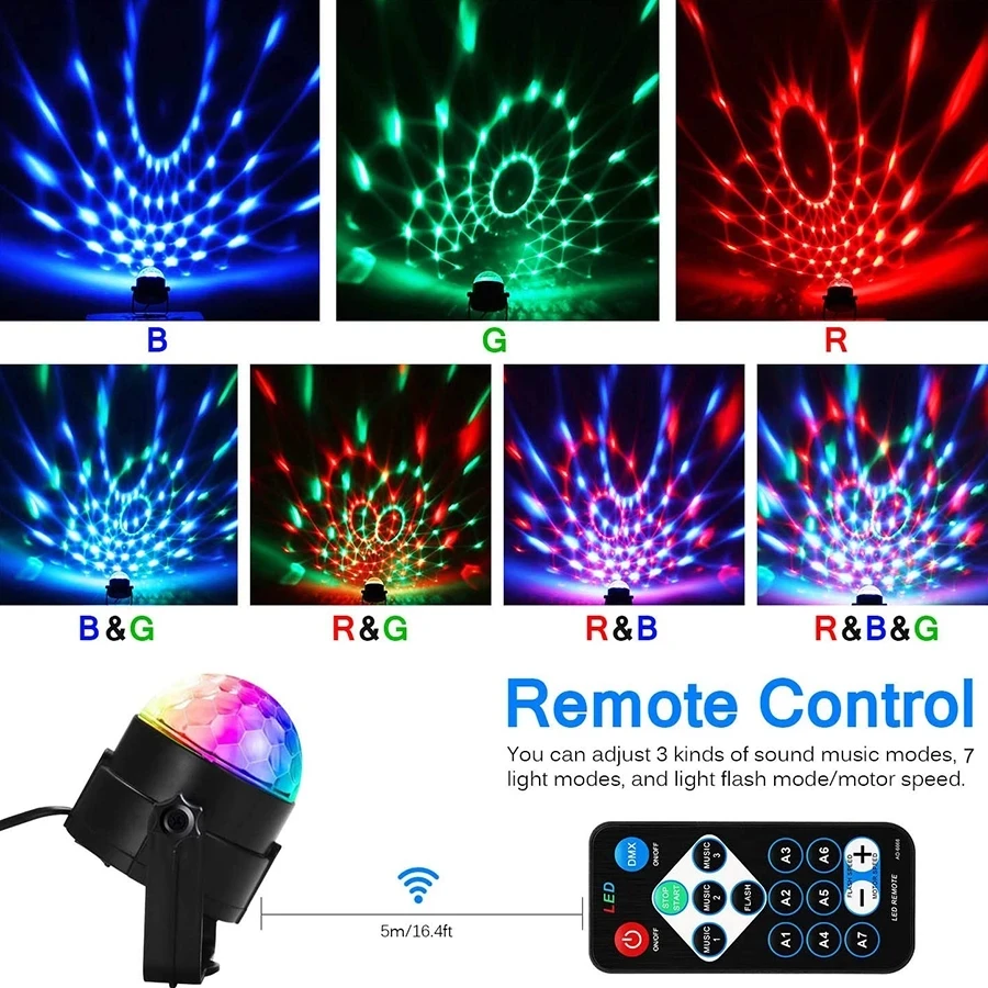 RGB Disco Ball Party Lights DJ Disco Light LED Projector Strobe Lamp Birthday Party Car Club Bar Karaoke Xmas Sound Activated