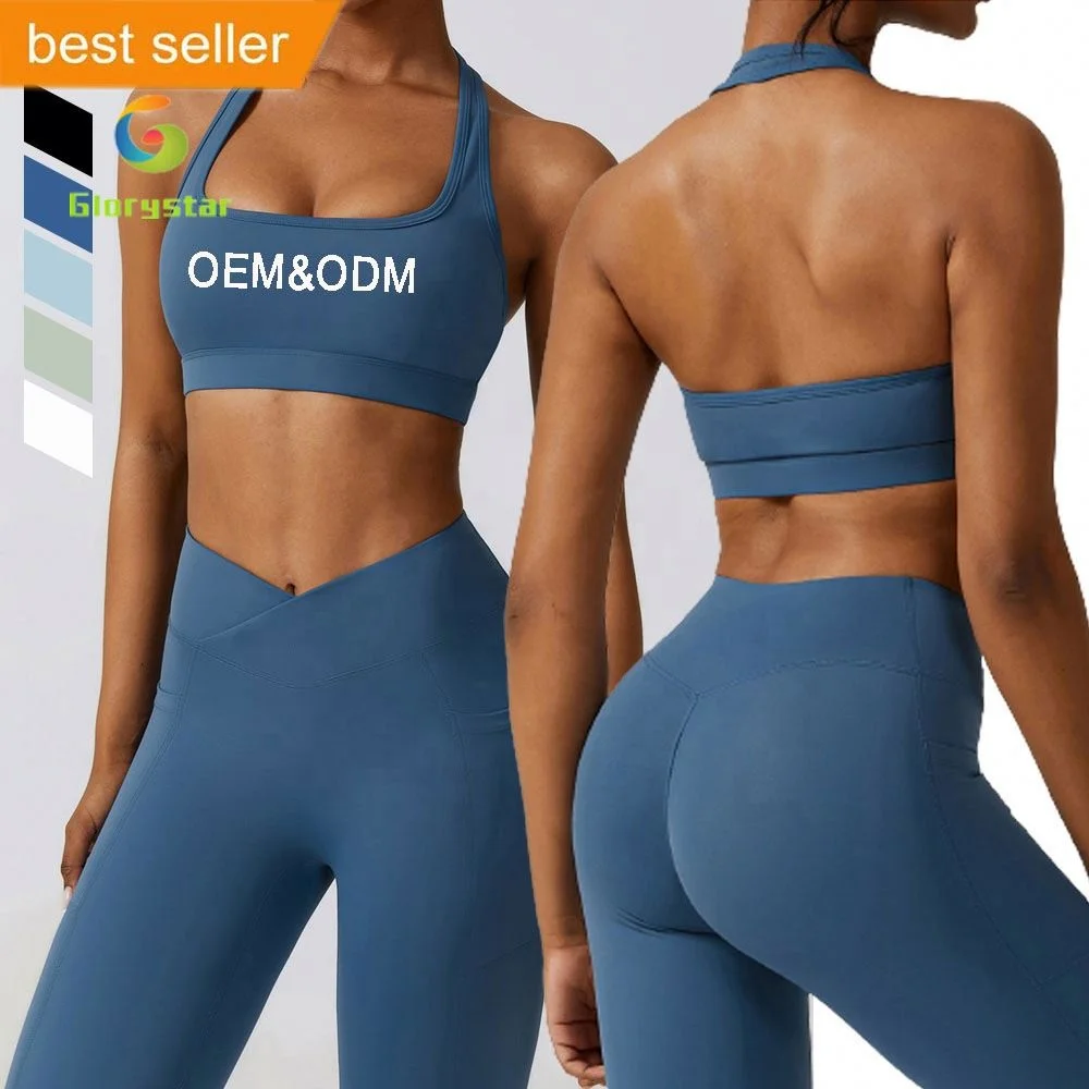 Glorystar Activewear Wholesale Sexy Gym Crop Topssportsess Fitnesseamlesst Open Back Halter Sports Bra for Women Digital Print