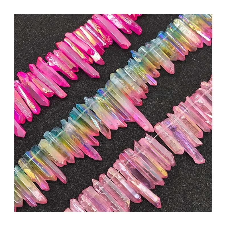 wholesale bulk natural raw mini  small aura  electroplate colorful drilled quartz crystal point pendant necklace