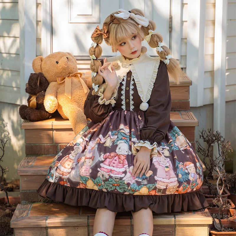 New Autumn and Winter New Original Design Cute Christmas Bear Printed Long Sleeved Sweet Op Lolita Dress for Girls