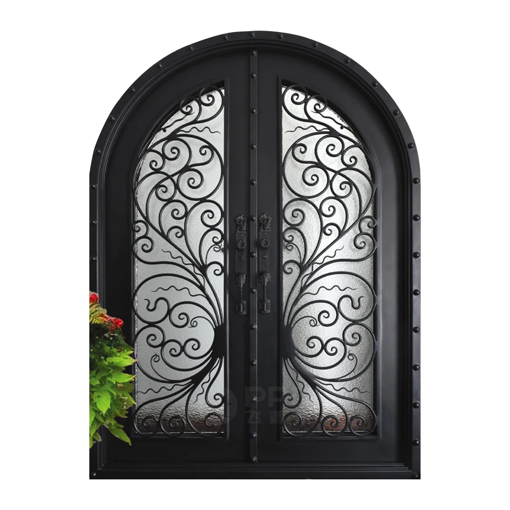 Villa Luxury Metal French Arch Double Main Double Doors Safety Security Entrance Wrought Iron Doors With Glass