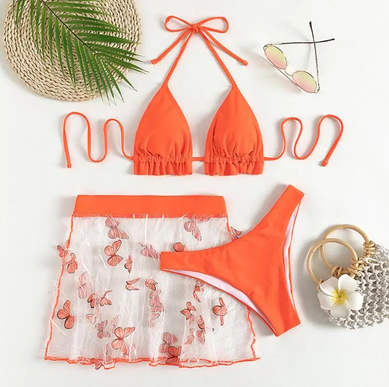 JUST ARRIVALS STOCK Orange Triangle Top 3Pieces Swim Suits Sexi Ladies Bikini Set Mini Beach Skirt