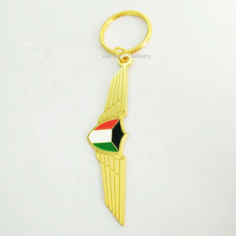metal zinc alloy die casting gold plated soft enamel Kuwait flag wings wing airlines aviation souvenirs keychains key chain