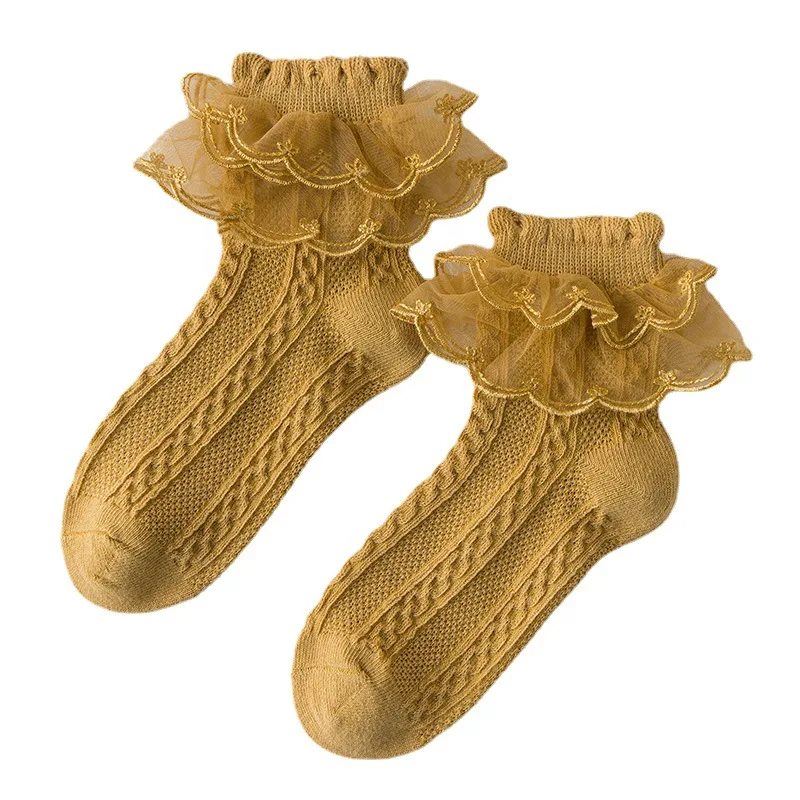 Q30901  2 Layer Princess Socking Baby Girls Double Layer Lace Frilly  Bowknot Ruffle trim Socks  Teen girls Socks