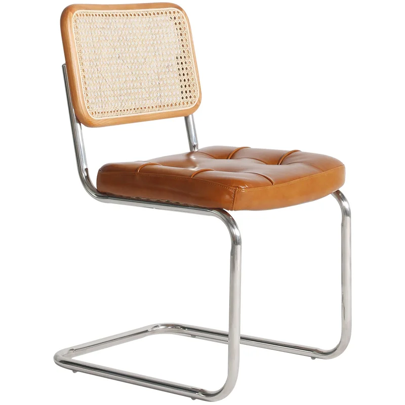 Modern designer vintage medieval luxury leather rattan dining chair stainless steel frame for dining room restaurant cafe