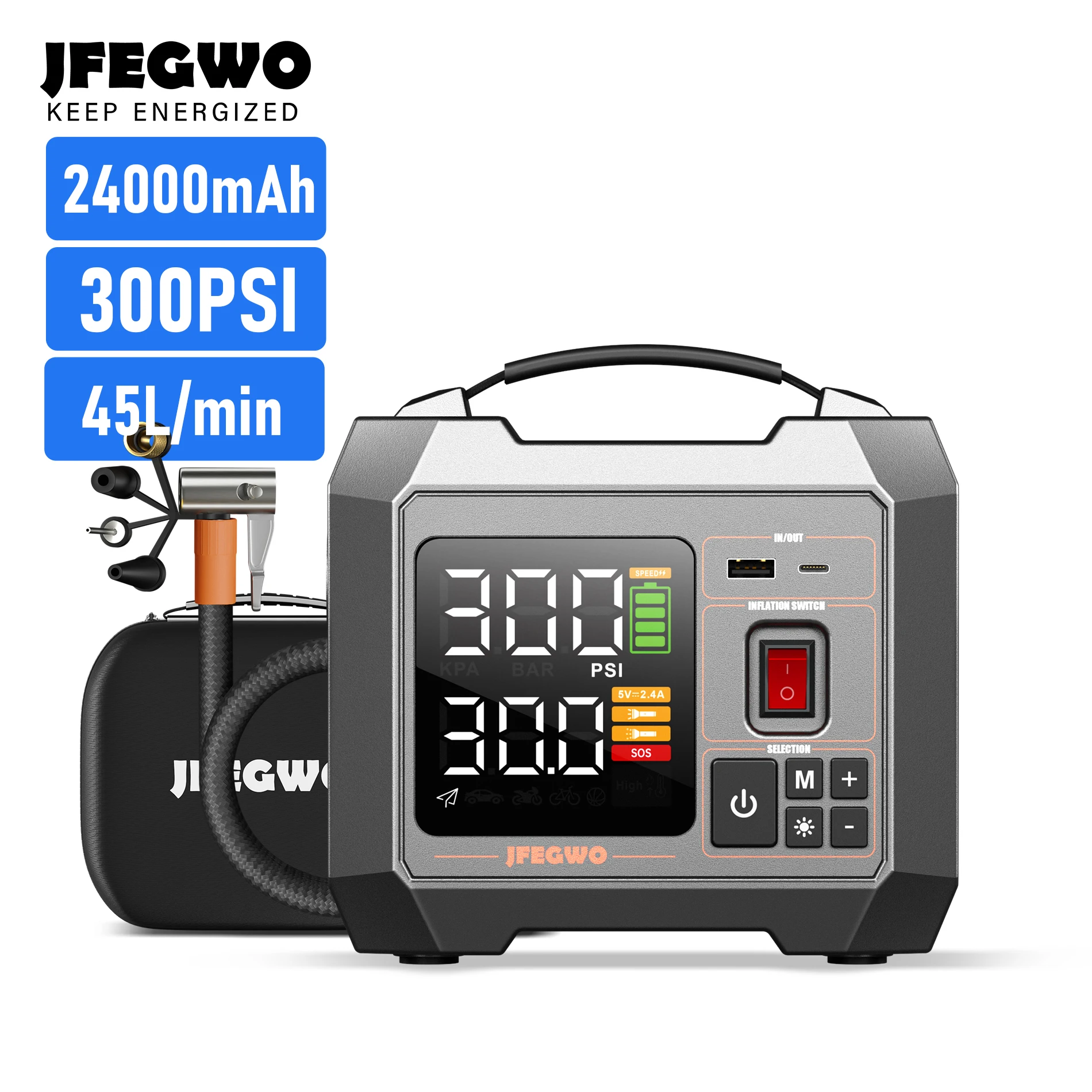 Переносной воздушный насос 24000 мА · ч, портативный воздушный компрессор для автомобиля, 300 PSI, электрический насос для накачивания шин, беспроводной насос для шин