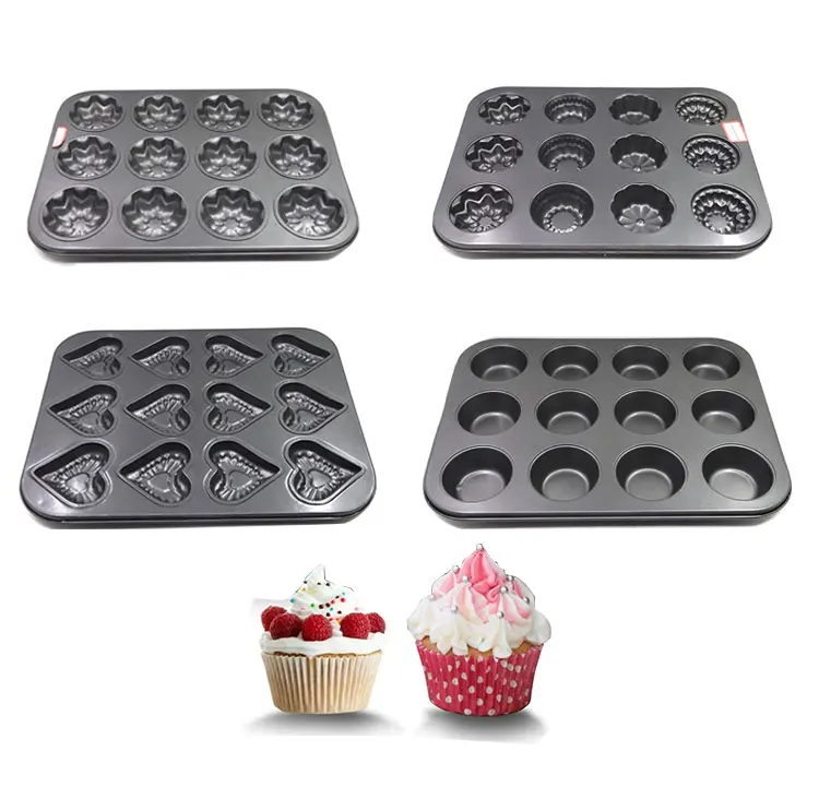 
High Quality Non Stick Non-Stick Round Flower Heart Custom Black Bakeware 12 Cup Muffin Pan Square Christmas Cupcake Baking Tray 