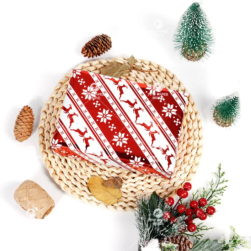 Custom Double-sided Printing Shinny Aluminized Foil Christmas Gift Wrapping Paper Roll for Packaging