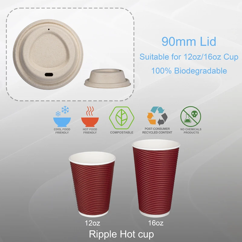 90mm Sugarcane Bagasse Dome Lid Eco Friendly Disposable Coffee Cups Lids Take Away Packaging Paper Cup Lid Cover