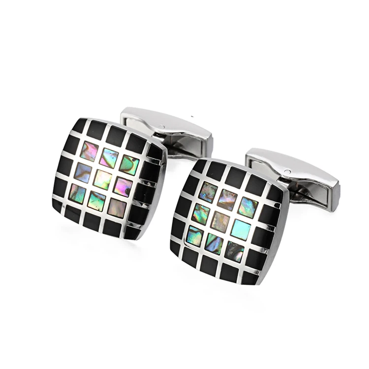 2022 Trendy High Quality Black And Colorful Shell Square Lattice Cufflinks Semi-Precious Stone For Mens Shirt