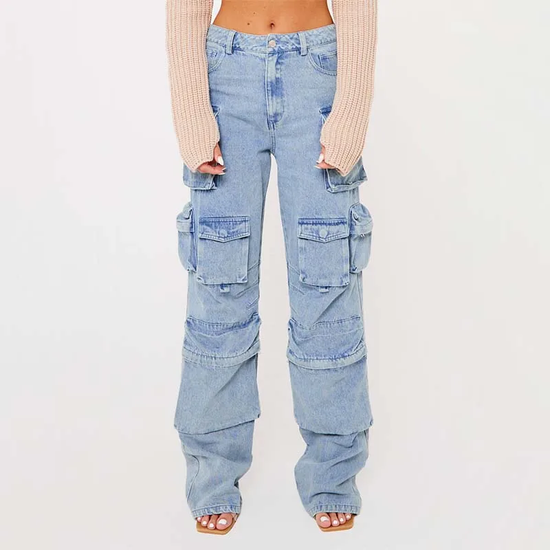 Oem High Quality Custom Manufacturer Wholesale Denim Trousers For Women Wide Leg Outdoor Oversized Female Pants Cargo Jeans