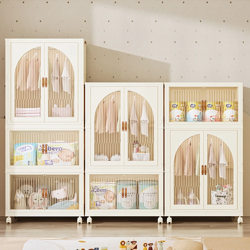 Modern Plastic Collapsible Clothing Storage Cabinet for Baby PP Folding Wardrobe with Opening Door and Drawers for Bedroom Use