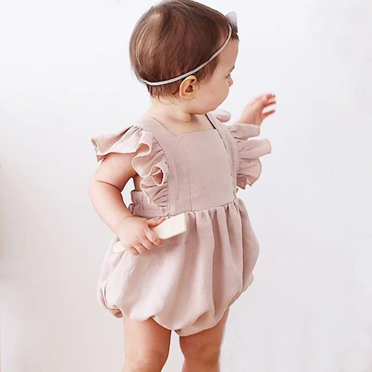 Ins Best Sell Summer New Born Cotton Linen Rompers Khaki Pink Color Baby Clothes baby girls cotton Romper