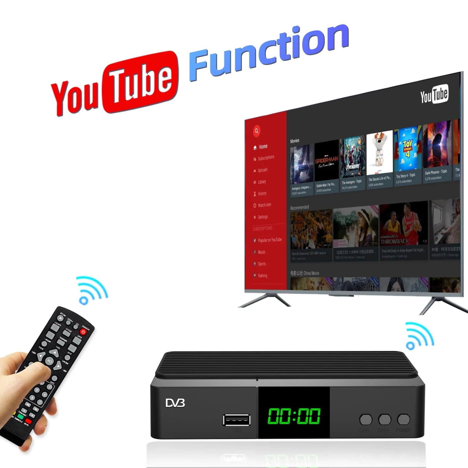 JUNUO Factory Italy scart dvb t2 european  H265 AC3 with lan port support wifi DVB T2 decoder DVB-T2 receiver