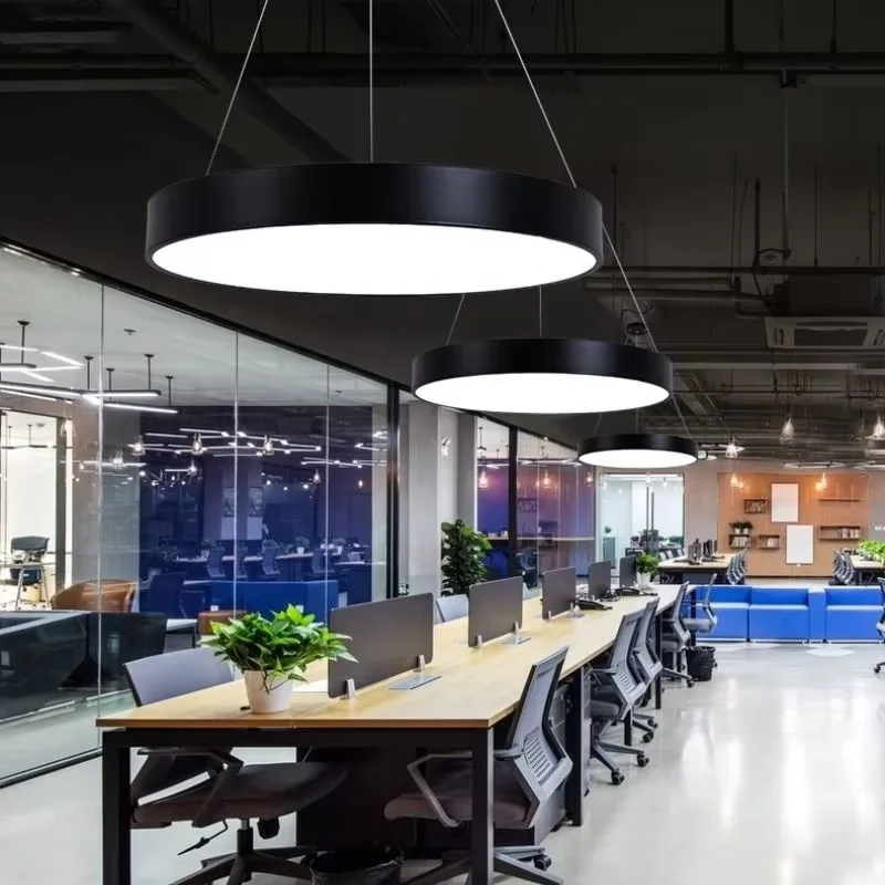 Wholesale  Led Hollow Round Linear Pendant Lamp Black Iron Acrylic Ceiling Hanging Light Supermarket Gym Library Barber Light