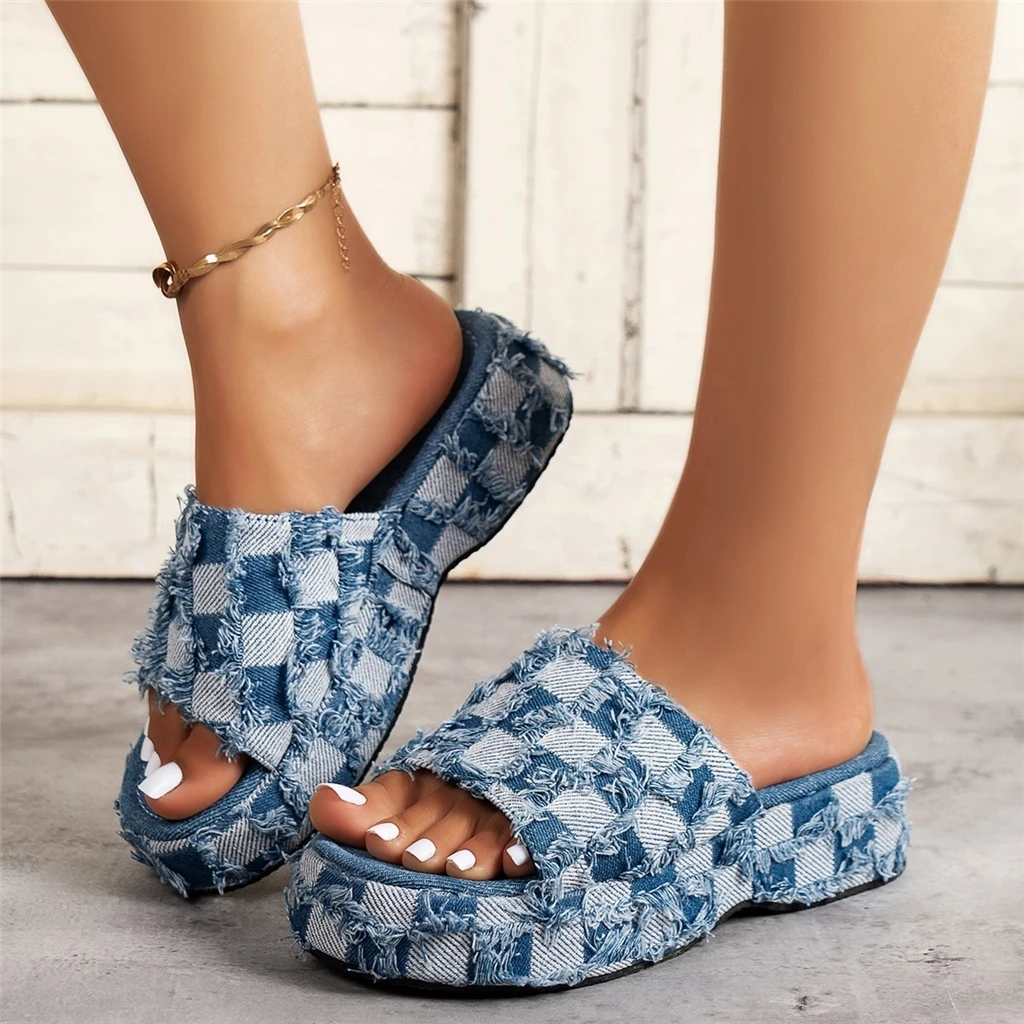 ZHE ZHE Denim Slipper And Puerse Set Women Handbag Plaid Shoulder Bags Chunky Platform Heels For Ladies Slippers For Women