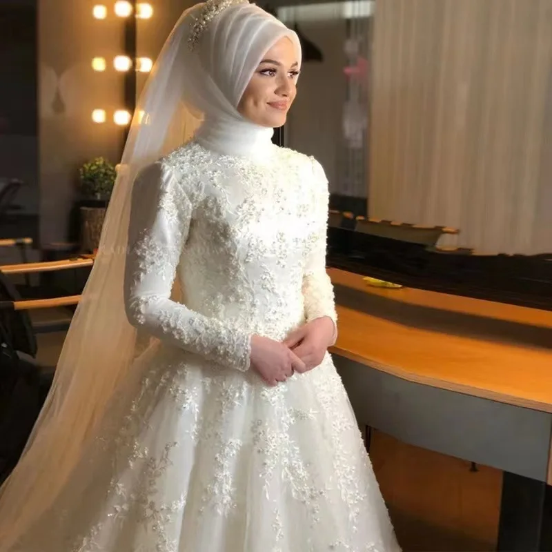 Muslim Wedding Dresses for Women  Luxury Long Wedding Gowns Lace Applique Bead Elegant Bride Dress