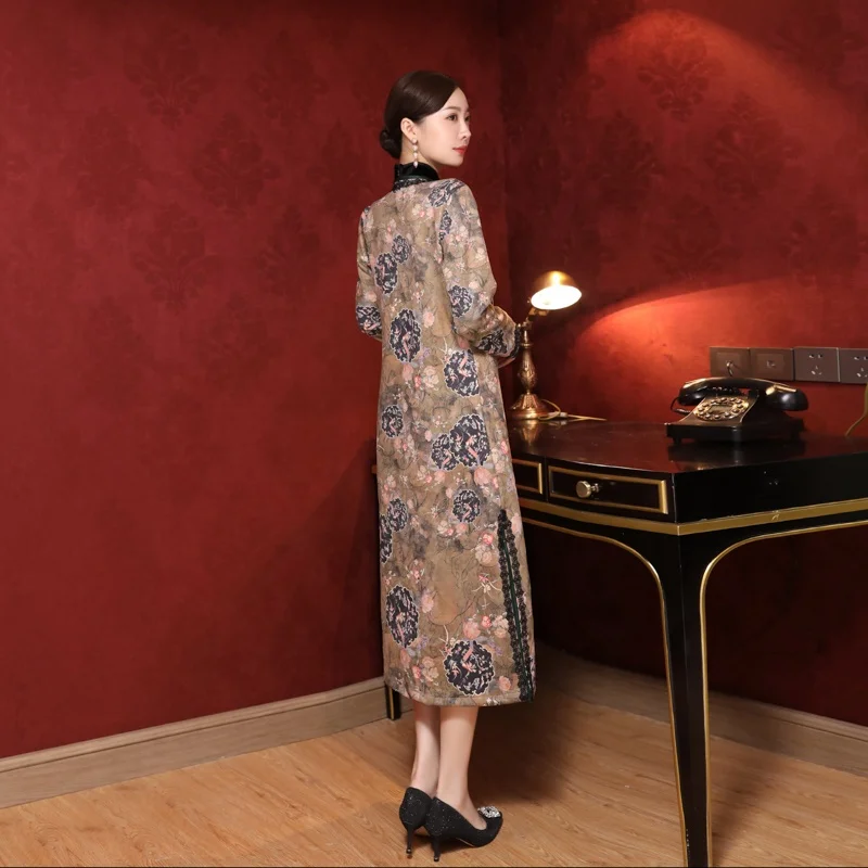 Китайская оптовая продажа, современное Модное Длинное Платье чонсам, Элегантное зимнее Замшевое платье из ткани Ципао для женской гостевой вечеринки