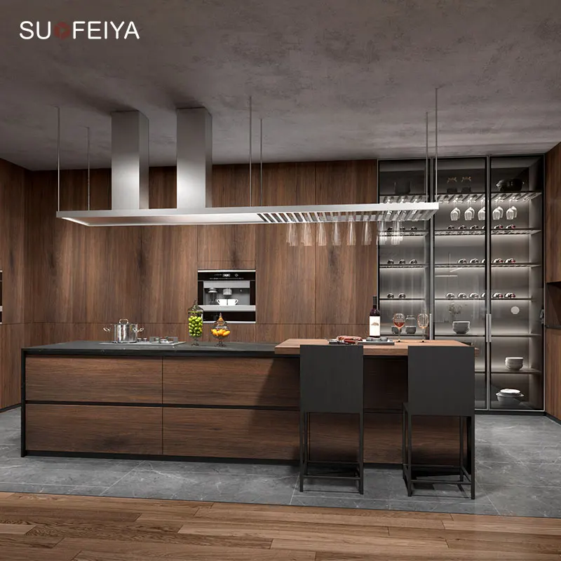 Suofeiya Commercial Vintage Matt Black Timber MDF Wood Veneer Soft Close Hinges Kitchen Pantry Cabinet