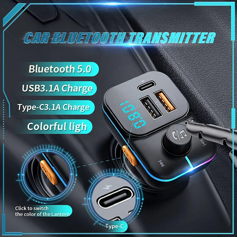 The New Car Bluetooth 5.0 FM Transmitter Wireless Handsfree Audio Mp3 Player Modulator Colorful lights Dual USB Car Charger