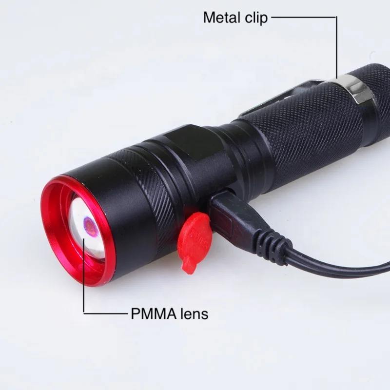 Popular 3 Modes Zoomable Aluminium T6 USB Rechargeable Led Tactical Flashlight With Clip