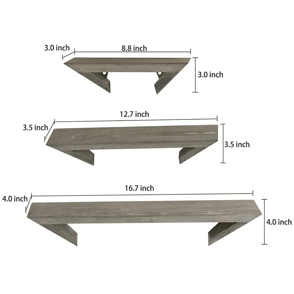 
Set of 3 Wall-Mounted Rustic-Modern Gray Wood Floating Ledge Shelves bathroom shelf 