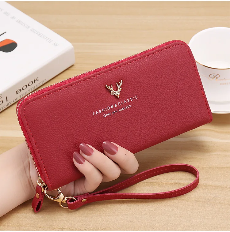Embossed Bag Money Clip Women Leather Purses Fashion Card Holder Wallet PU Polyester Deer Anti-theft Long Wallet for Men Zipper