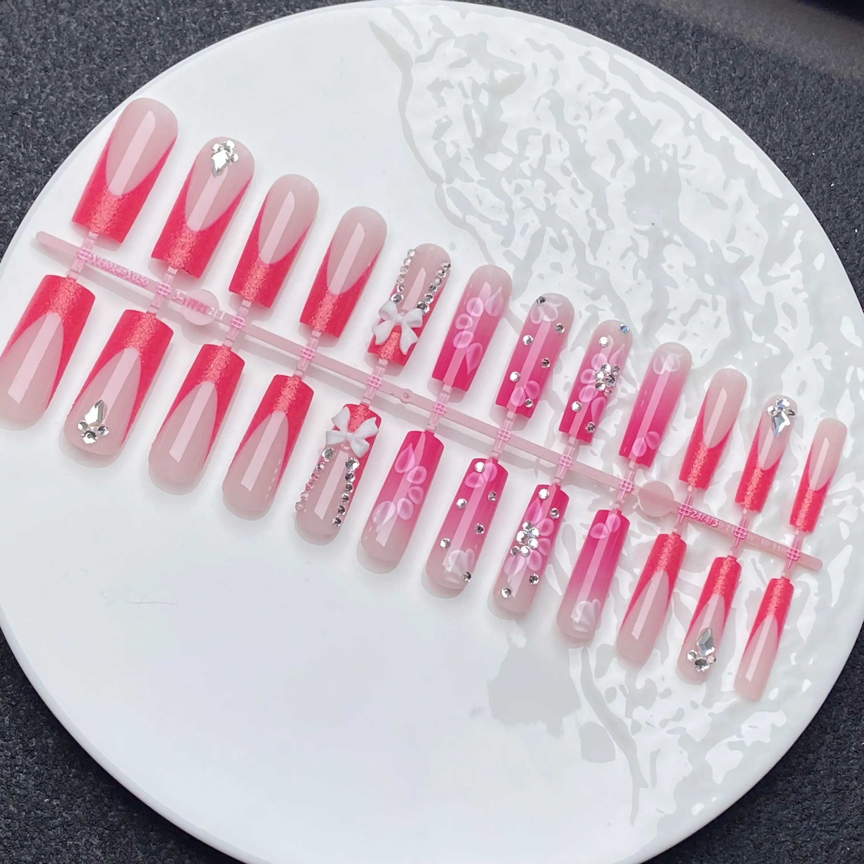 Gui Mei Clear ABS Reusable False Nails French Design Butterfly Flower Sequins Fashionable Pointed Model Press Finger