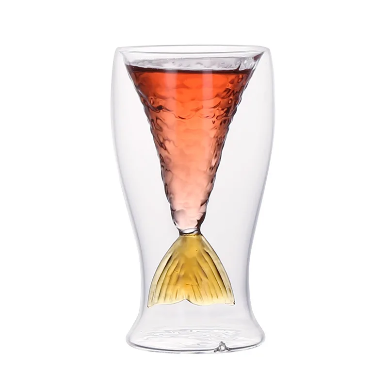 Double Wall Glass Cup Fishtail Cup Shot Glasses Colorful High Borosilicate  Tableware American Style Stock Glass Goblet