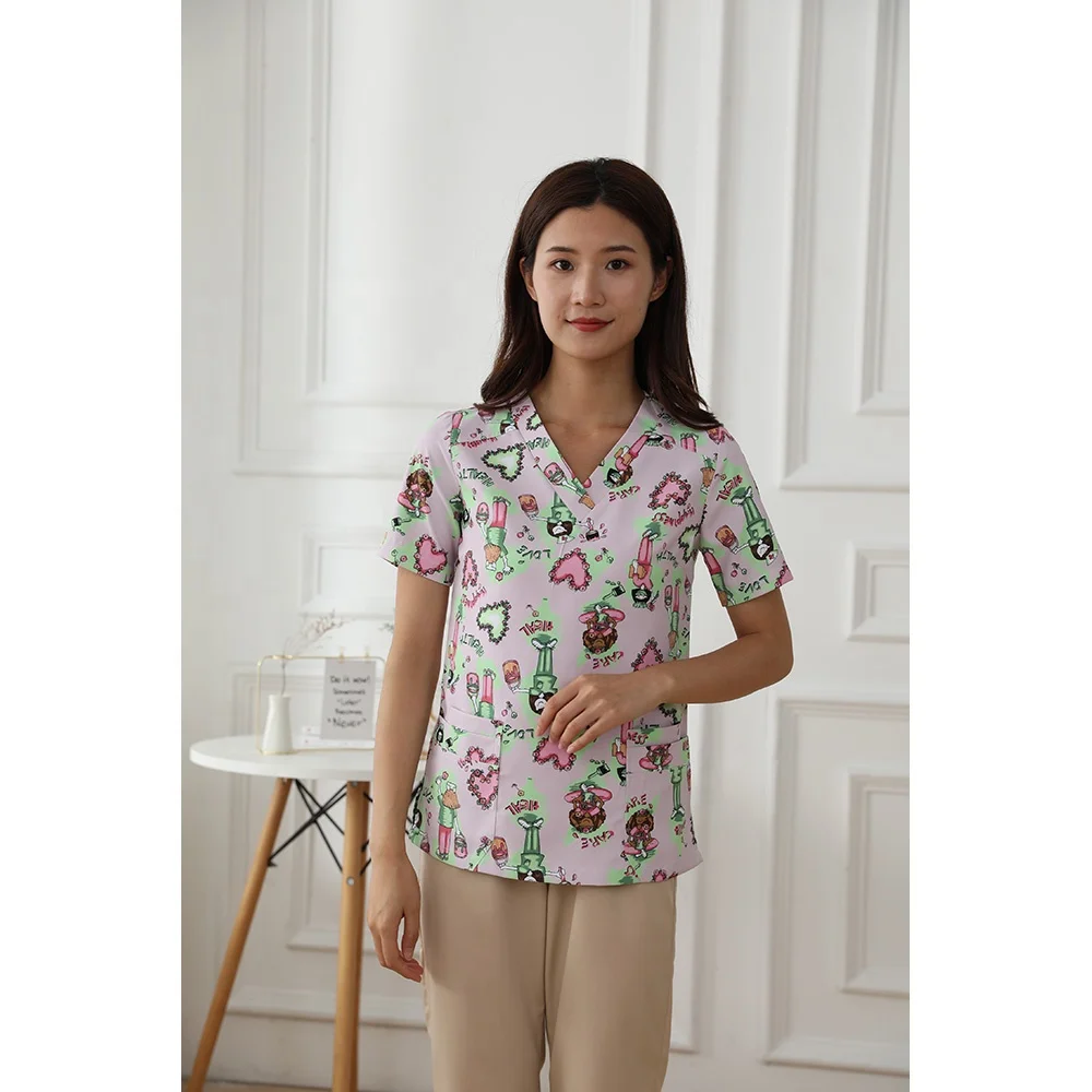 100% Cotton Women Printing Medical Scrub Suit Hospital Medical Scrubs Custom Doctor Uniforms Clinic Dentist Uniform with Logo