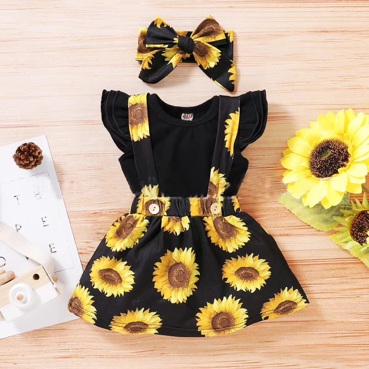 Ins Chiffon Bow Suit Sunflower Head Flower Baby Back Dress Two-Piece Wholesale