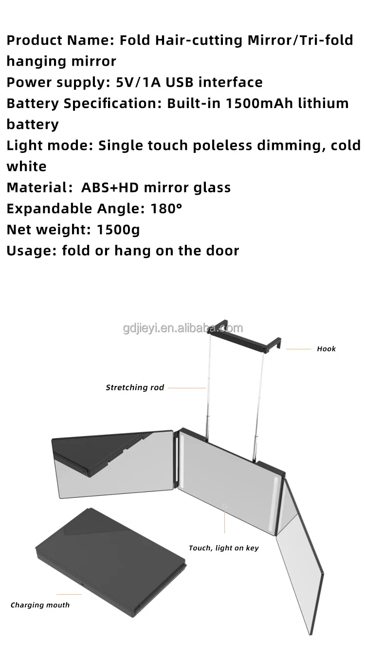 
three way led folding mirror 3 way mirror hair cutting smart light Mirror for self hair cutting 