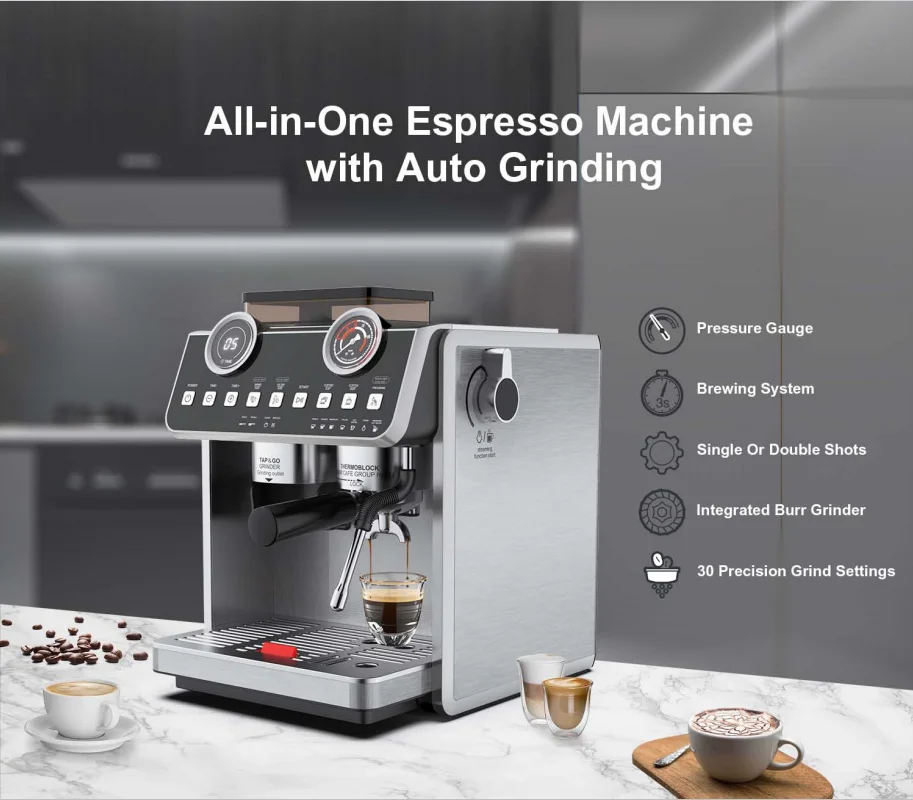 2024 New Arrival Hot selling 20 bar ULKA pump 1500W with pressure gauge,with time display Semi-automatic coffee machine
