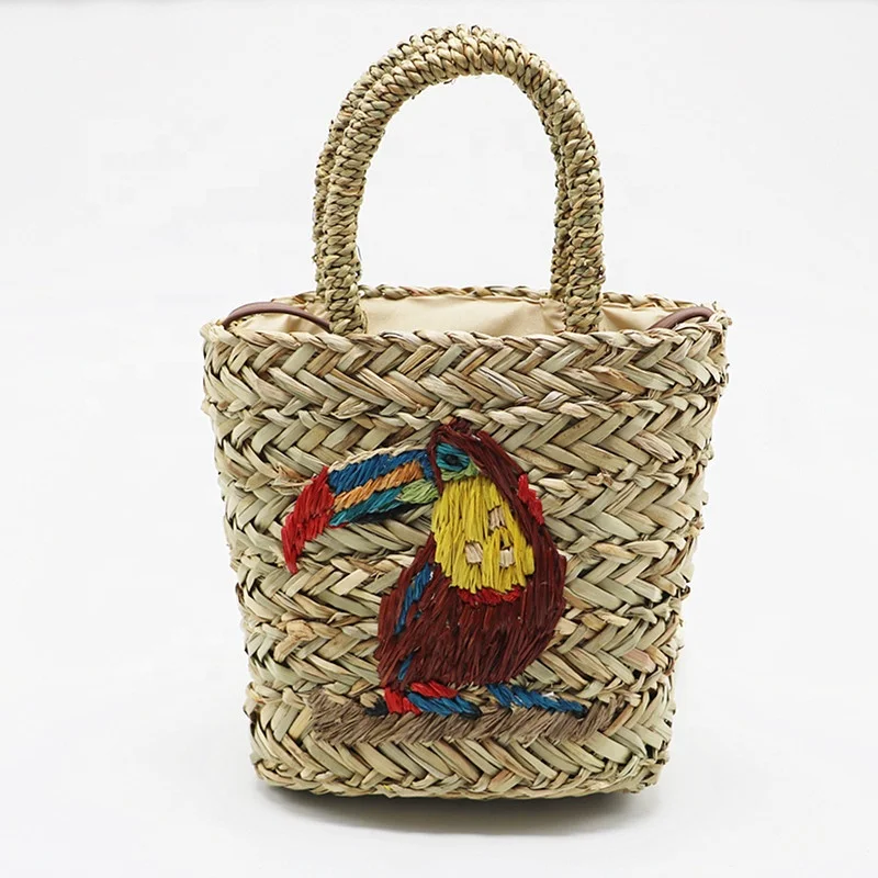 High quality summer straw handwoven handbag beach straw basket crossbody bag with embroidery parrot tote boho bag handmade