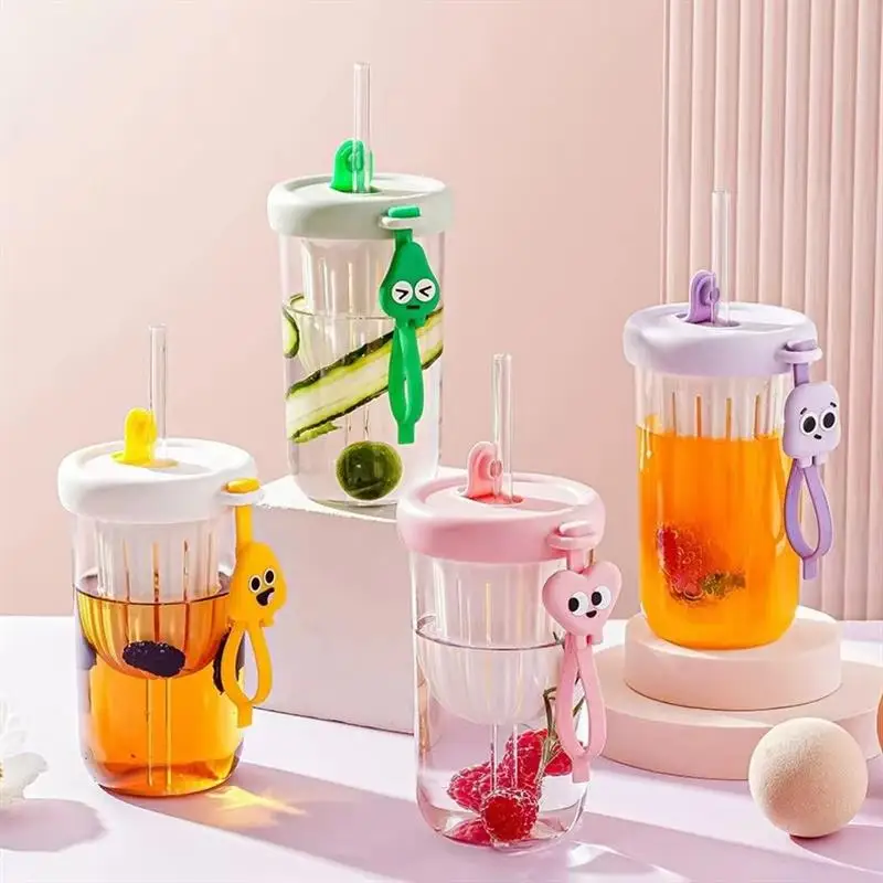 Drinking Bottle Cold Extract Straw Cup Cartoon Korean Glass Water Portable kids students school safe