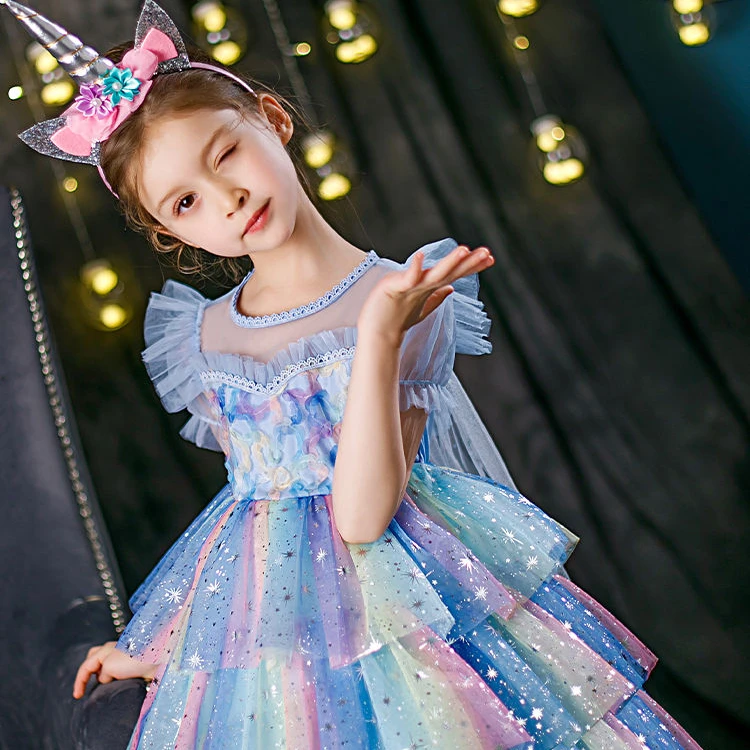 New Design Girls Princess Children Cake Dress Halloween Birthday Costume Rainbow Sequin Star Rainbow Girl Dresses