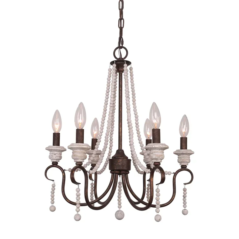 Wooden Beads 6-lights candle chandelier industrial vintage pendant light for living room Loft retro rustic iron pendant light