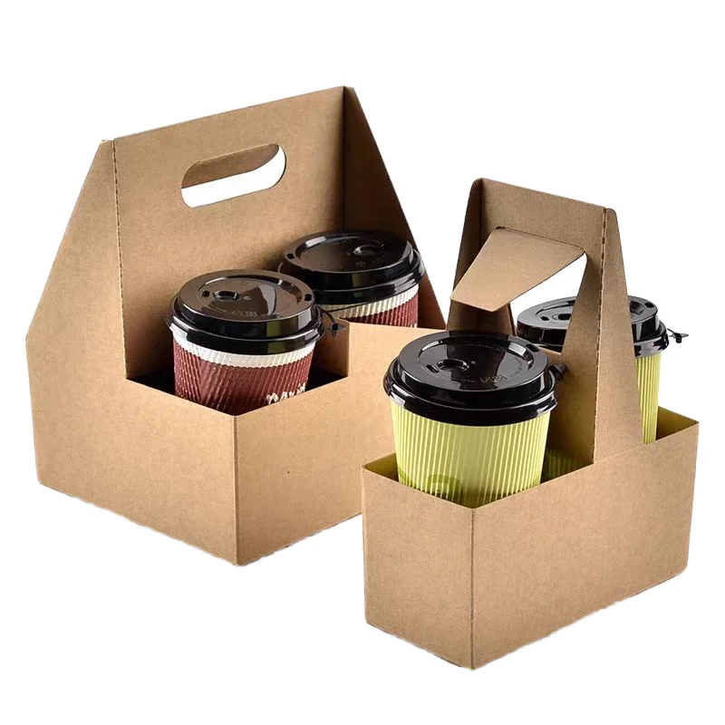 Portable Corrugated Brown Kraft Paper Coffee Cup Holder Tray 6 Cup Takeaway Drink Paper Carrier Tray Stamped Whisky Tequila