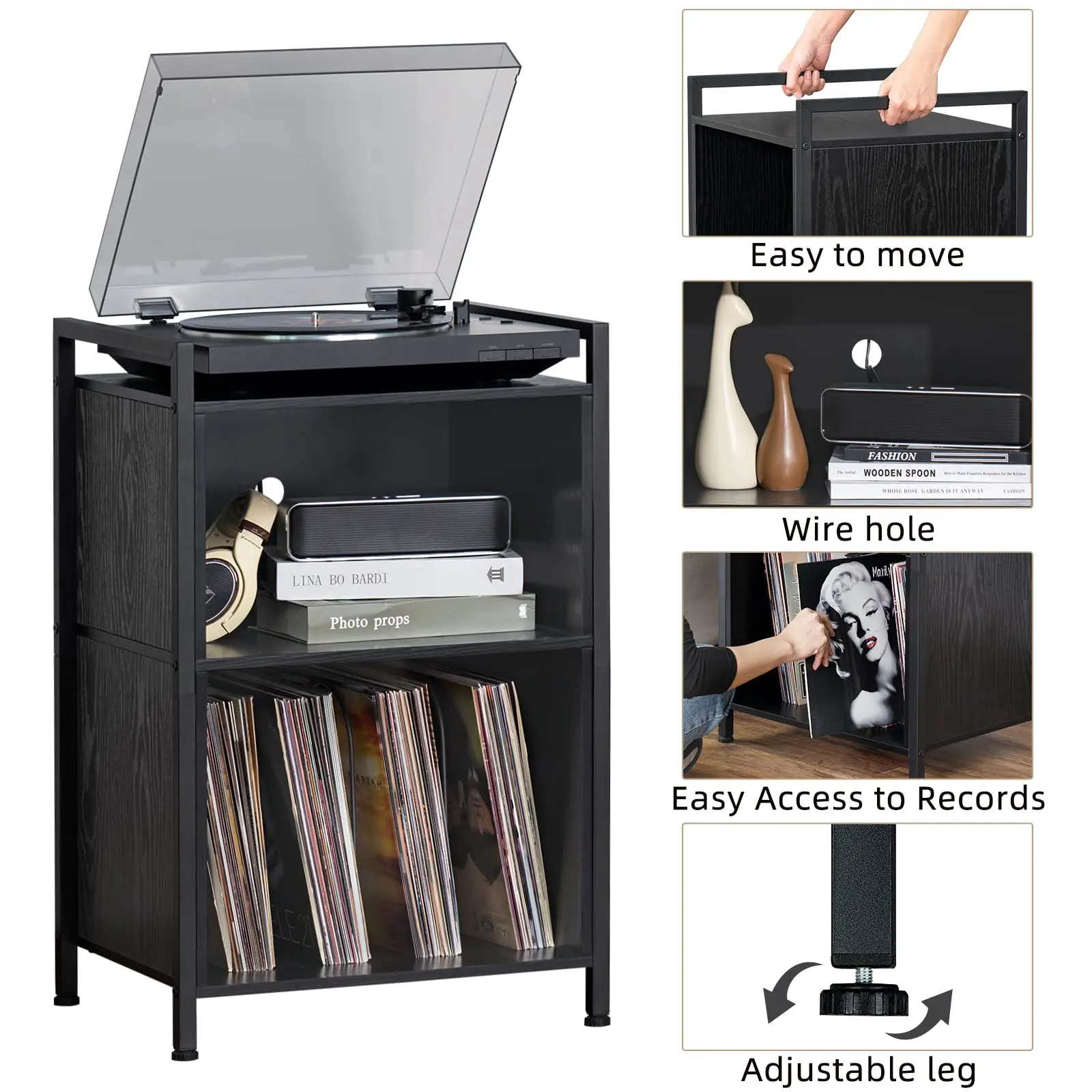 Modern Wholesale Living Room Furniture Record Player Stand with Storage Wooden 3 Shelf CD Vinyl Record Holder