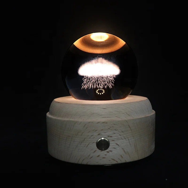 Hot Sale Music Box Bed Lamp Night Light 3d Crystal Ball Lamp With Led Lighting Wood Base