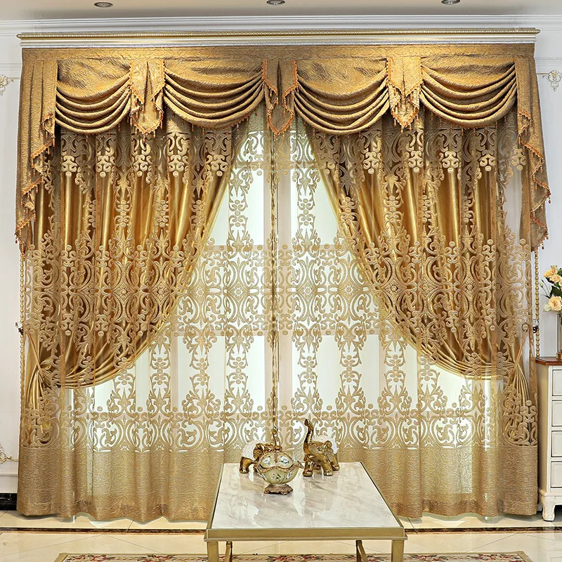 European classic lace jacquard warp knitted 100% blackout curtain living room bedroom luxury golden window gauze curtains