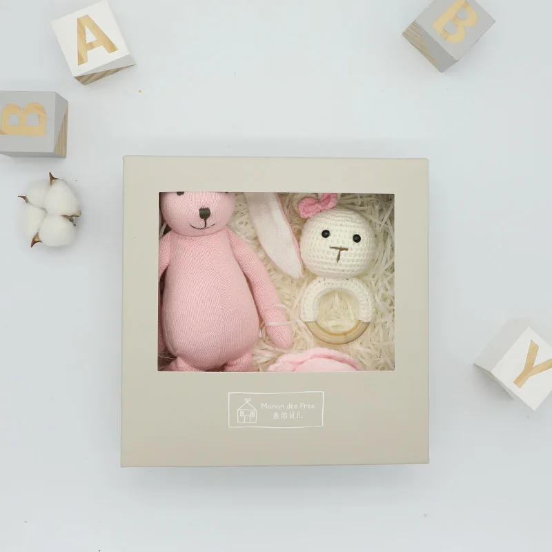 High Quality Custom Cute Animal Wooden Handmade Crochet Rabbit Baby Teether Rattle