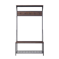 Hall Tree Wood Clothes Hanger Free Stand Entrance Hall Stand Coat Clothes Hanger Wooden Metal Coat Rack with Shoe Bench