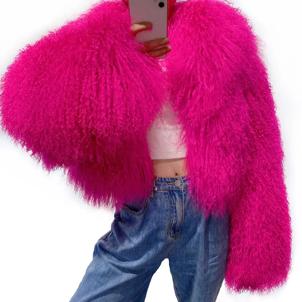 Winter fashion soft hot pink fur coats womens real mongolian fur short coats fluffy sheep fur coat 2024